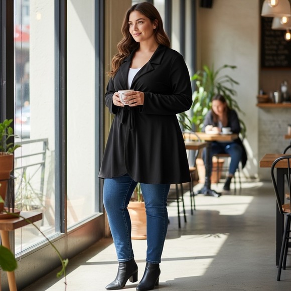 BLOOMCHIC Black Tie Front Long Sleeve Blazer Jacket Plus Size 22 24 - Picture 2 of 11